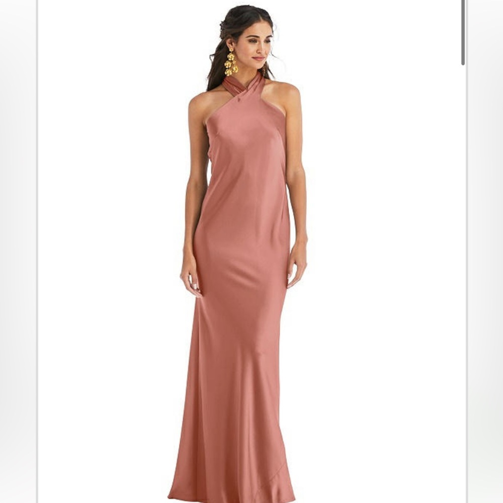 Dessy twist halter tie back trumpet gown